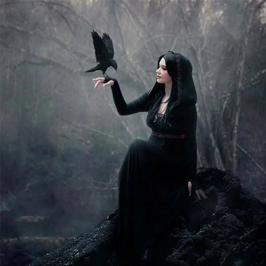 Черная магия волос. Девушка с вороном на плече. Фотосессия с вороном. Девушка ведьма. Красивая ведьма.