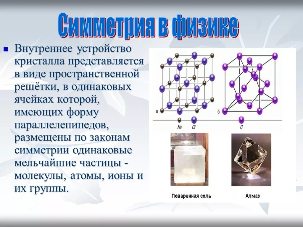 Математика в физике примеры. Принцип симметрии в физике. Симметрия в физике примеры. Симметрия кристаллов в физике. Внутреннее устройство кристалла.