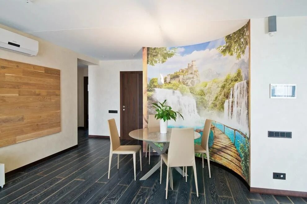 Фотообои для кухни. Кухни увеличивающие пространство. Обои с перспективой в интерьере. Фотообои на кухню расширяющие пространство. Фотообои в интерьере кухни.