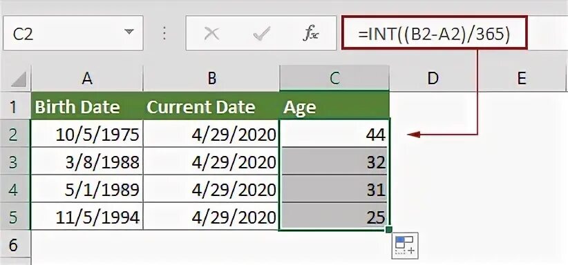 Возраст на текущую дату в excel