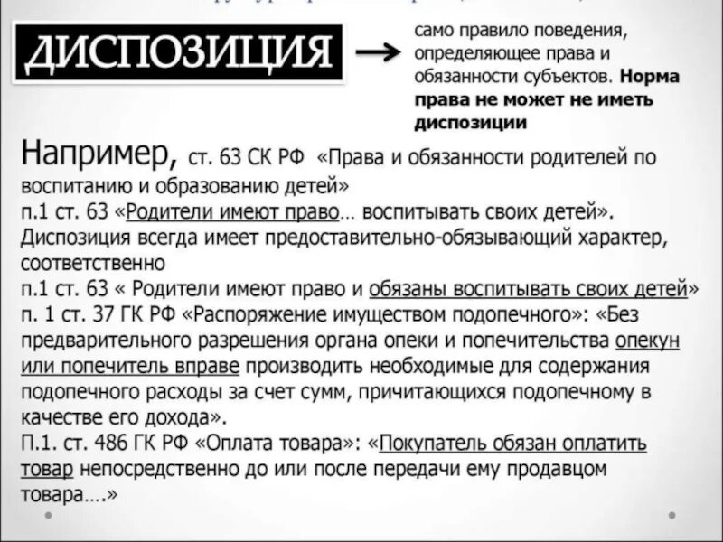 Диспозиция в конституции рф. Диспозиция правовой нормы пример.