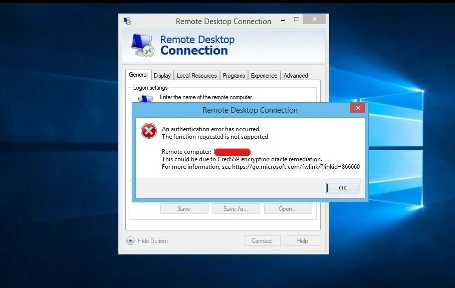 Ошибка desktop. Окно rdp. credssp. ошибка credssp. remote desktop connection.