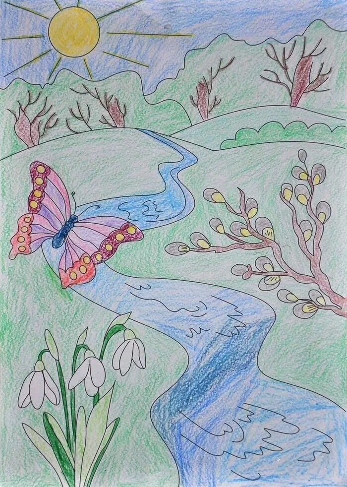 Рисунок весны цветными карандашами. Рисунок на весеннюю тему.
