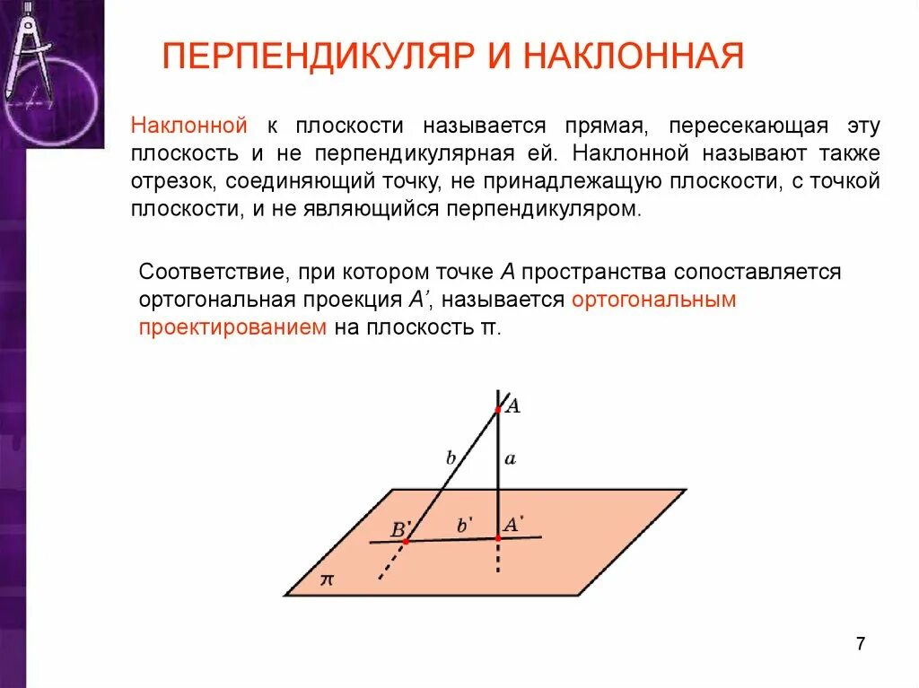 Точка пересечения перпендикуляра к прямой. Перпендикуляр перпендикулярности прямой и плоскости. Перпендикулярность и Наклонная плоскости. Проекция Наклонная прямая перпендикуляр. Перпендикулярность прямой и плоскости перпендикуляр и Наклонная.