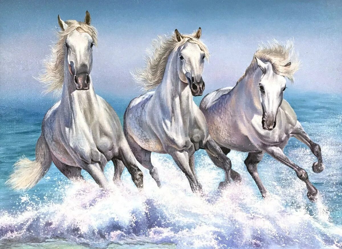 Тройка лошадей пробежала. Тройка белых лошадей. Три коня. Лошадь бежит по воде. Картина бегущие лошади.