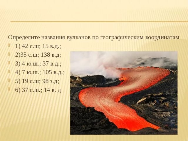 3 ю ш 37 в д вулкан. Названия вулканических процессов. Вулкан 35 с.ш и 138 в.д. 35 С Ш 138 В Д. 7 Ю Ш 105 В Д.
