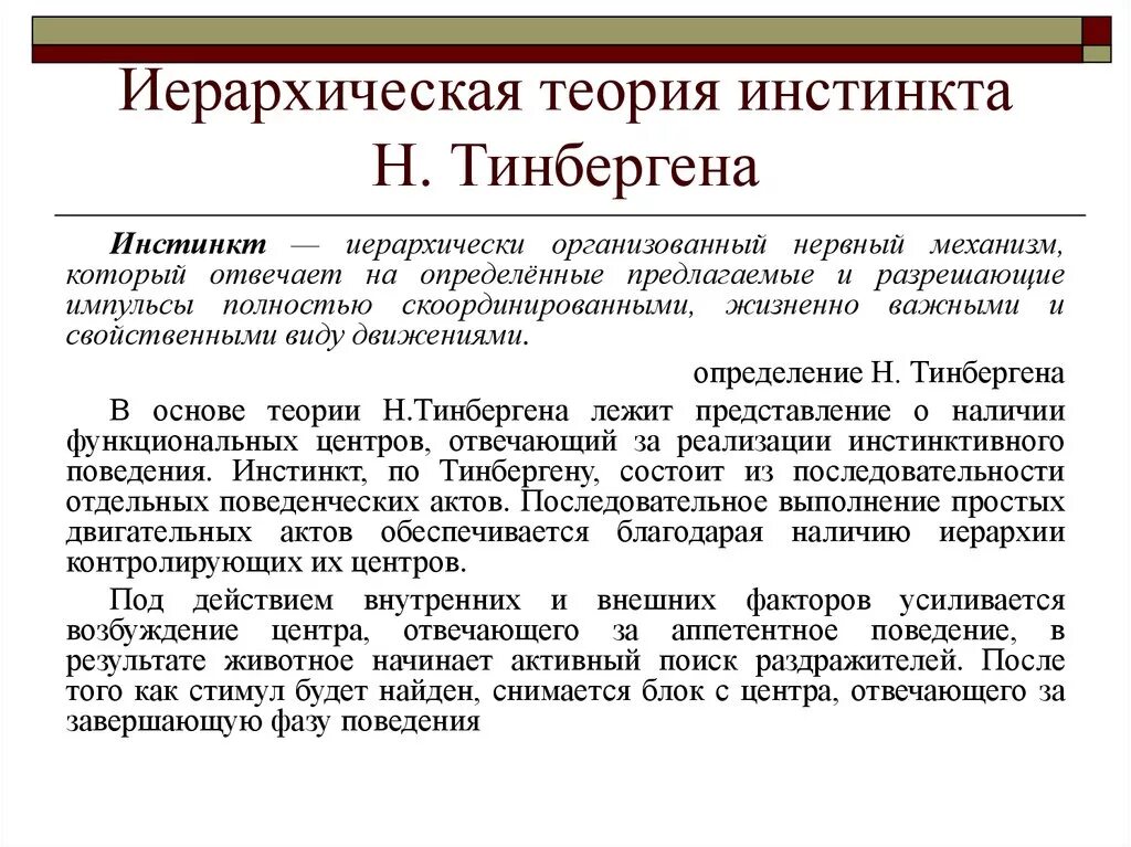 Характеристику инстинкта. Иерархия инстинктов Тинберген. Теория инстинкта иерархическое. Иерархическая теория Тинбергена. Иерархическая модель поведения Тинбергена.