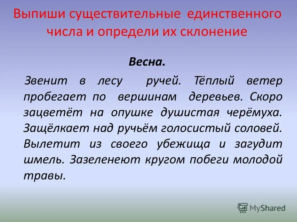 Выписать существительные. Ручей склонение. Склонение существительные выписать из текста.