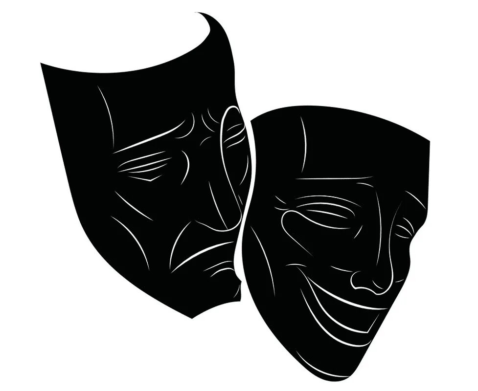 Картинка где маска. Театральные маски. Театральные маски комедия и трагедия. Маска трагедии и комедии. Театральные маски черно белые.