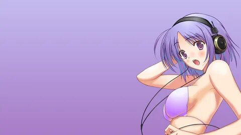 Download Wallpaper anime girls, purple, simple background, headphones, open...