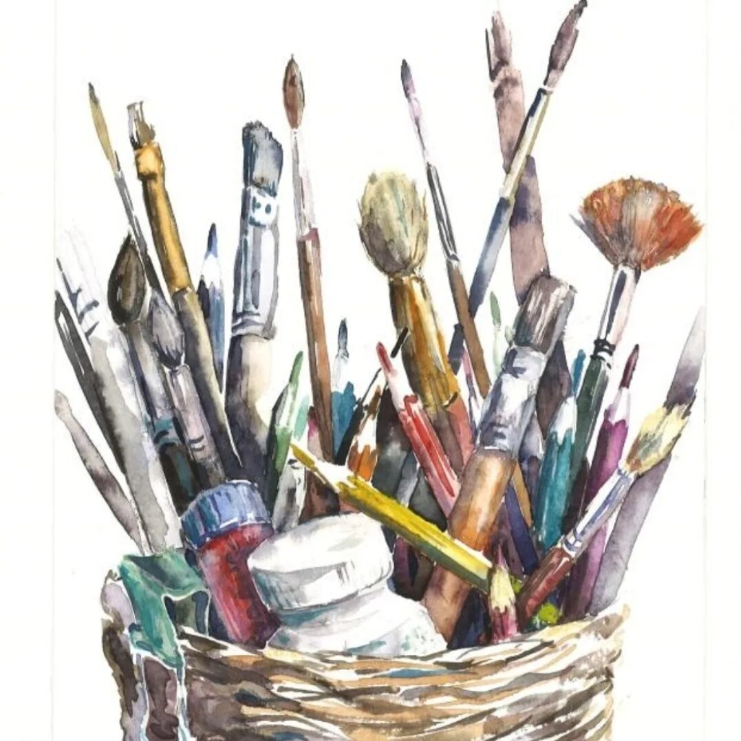 Pencils brushes. Кисть карандашом. Кисти и краски. Художественные материалы для рисования. Атрибуты художника.