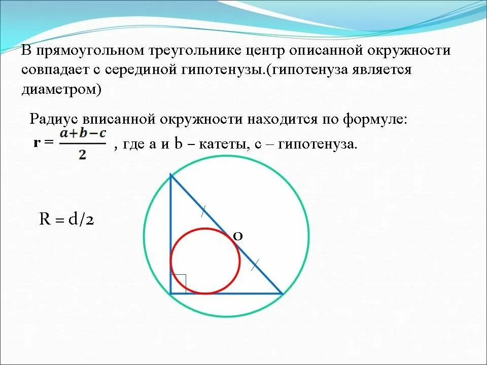 Какая окружность называется вписанной в треугольник. Центр вписанной окружности в прямоугольном треугольнике. Радиусы вписанной описанной окружности треугольника прямоугольника. Если прямоугольный треугольник вписан в окружность то центр. Центр описанной окружности в прямоугольном треугольнике совпадает с.