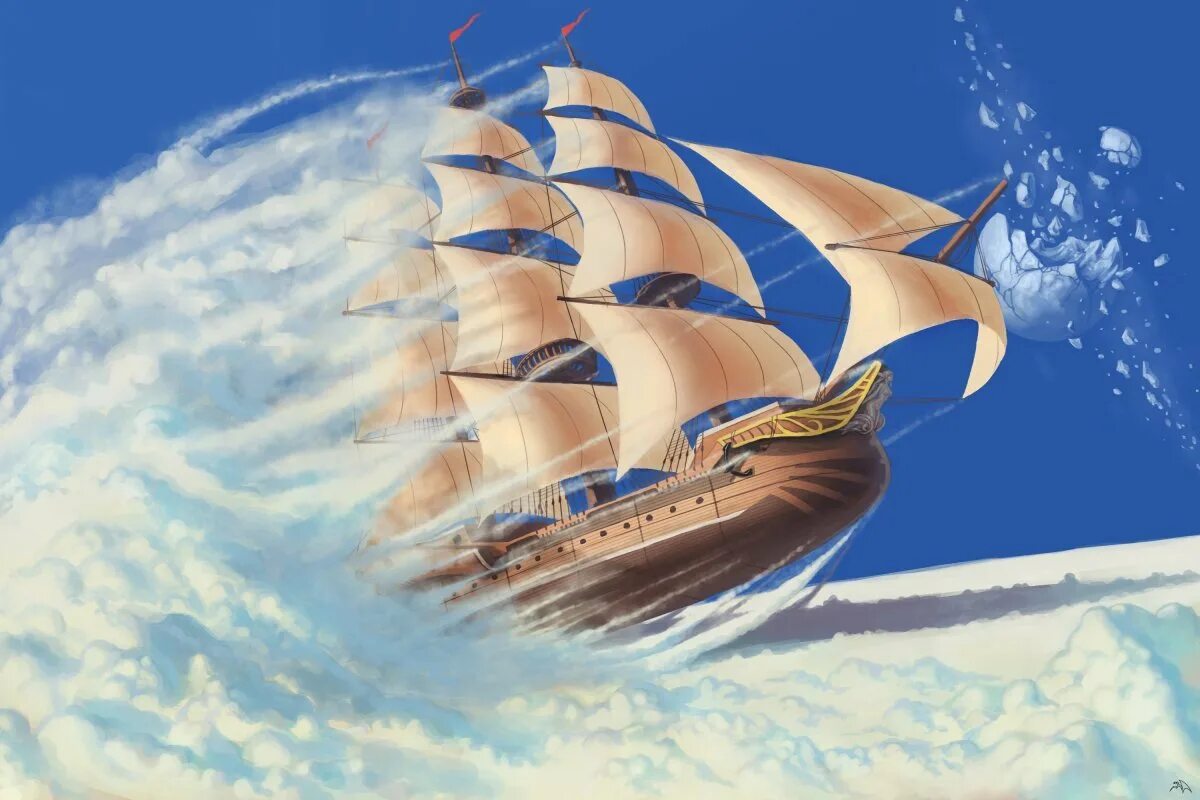 Ветров день рождения. Корабль с парусами. Корабль на волнах. Небесный корабль. Сказочный корабль.