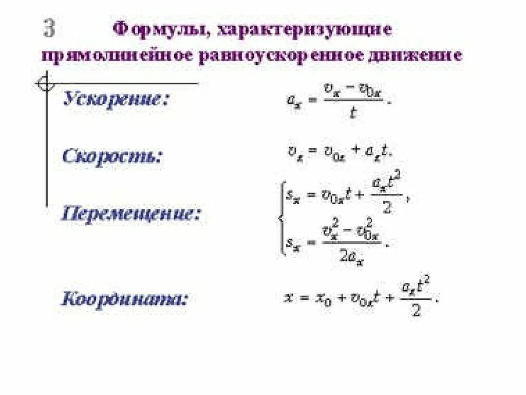 Прямолинейное равномерное скорость формула. Формула ускорения равноускоренного движения. Формула скорости при прямолинейном равноускоренном движении. Формулы кинематики равноускоренного движения. Формула пути прямолинейного равноускоренного движения.