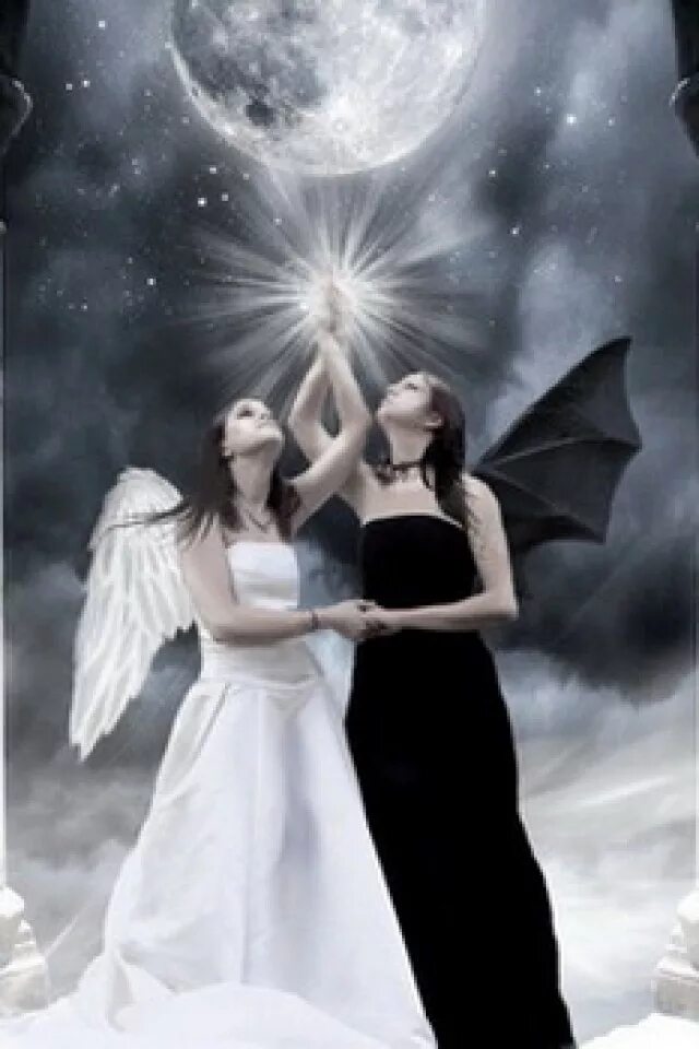 Темные и светлые души. Два ангела. Два ангела чёрный ибелый. Иллюстрация добра и зла.