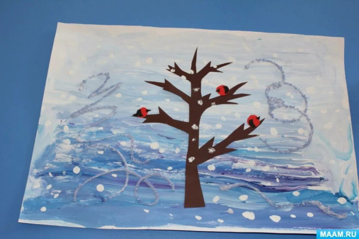 Деревья в снегу вторая младшая группа рисование. Рисование: «зимнее дерево» (т. Комарова, с.73). Зимняя аппликация. Рисование с элементами аппликации. Аппликация зимнее дерево.