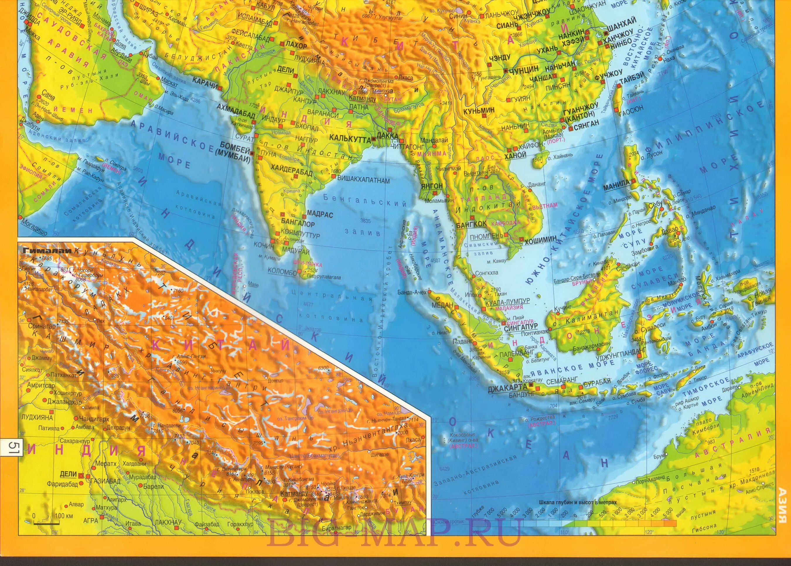 Физическая карта Азии. Физико-географическая карта зарубежной Азии. Физическая карта зарубежной Азии. Карта гор Азии.