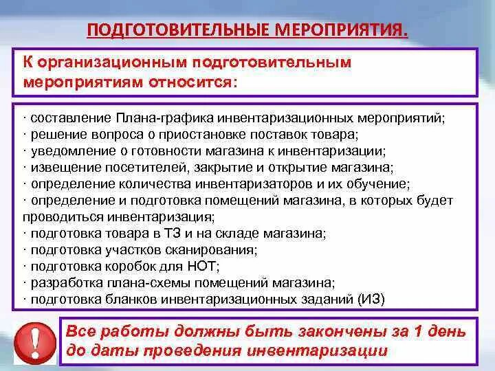 Подготовка к проведению инвентаризации. План проведения инвентаризации. Мероприятия по инвентаризации. Регламент проведения инвентаризации.