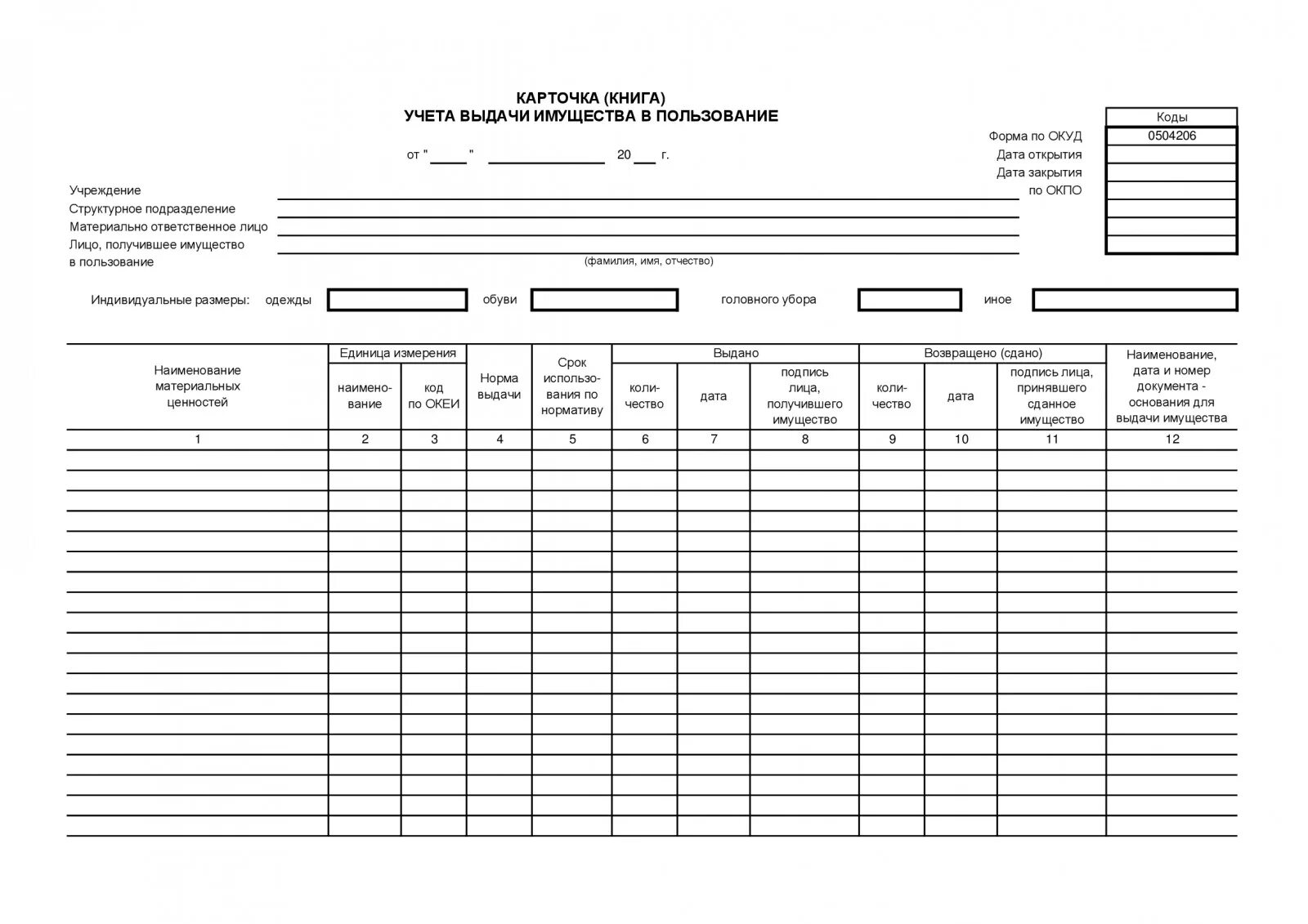 Карточка учета форма 0504206. Карточка выдачи материальных ценностей работнику. Личная карточка учета выдач материальных ценностей. Карточка учета материальных ценностей (форма по ОКУД 0504043).