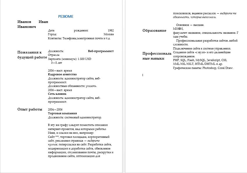 Резюме операционного директора