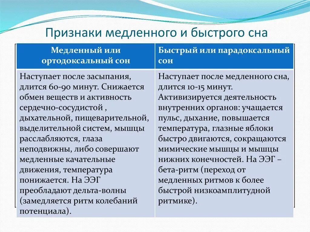 Сон человека медленный и быстрый. Признаки быстрого сна. Признаки медленного сна. Признаки фазы медленного сна. Различия быстрого и медленного сна.