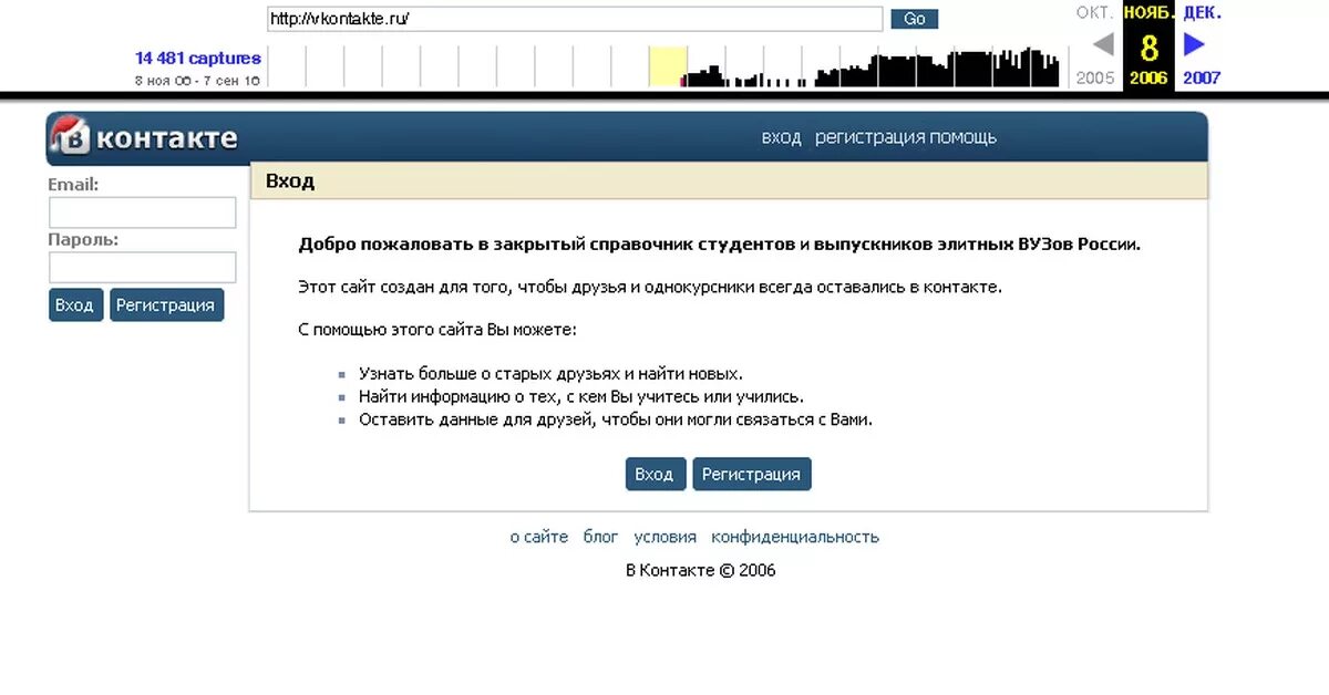 ВКОНТАКТЕ 2006. ВК 2006 года. Старый Интерфейс ВКОНТАКТЕ. ВК В 2006 году фото.