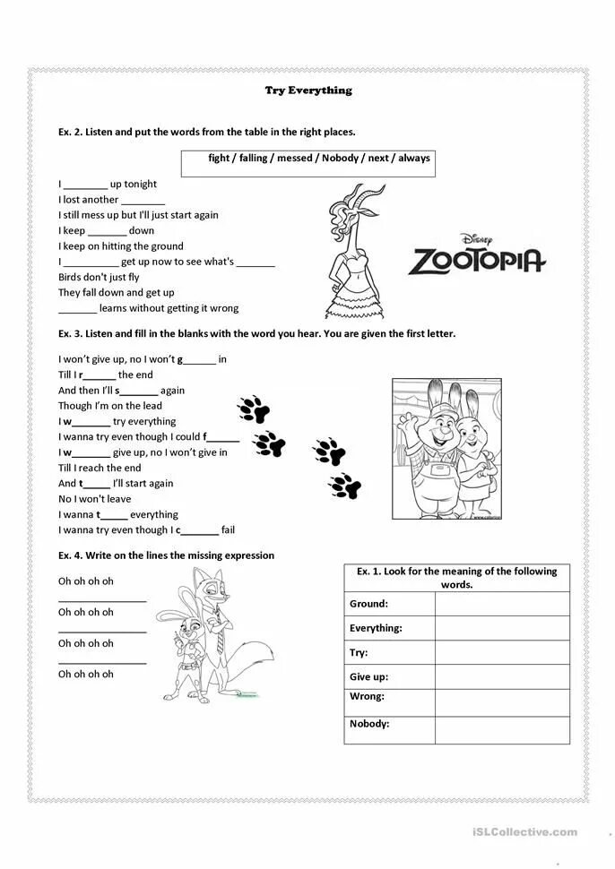 Try everything Worksheet. Zootopia Worksheets. Zootopia Song try everything Worksheet. Zootopia English Lesson.