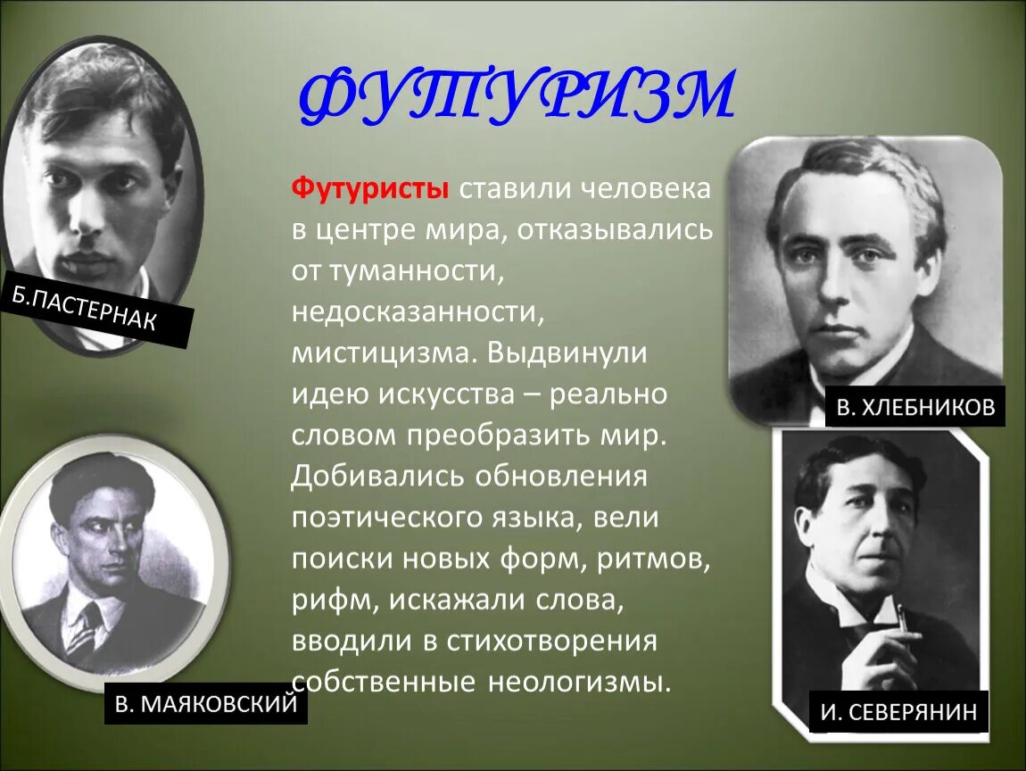 К какому направлению относится рассказ юшка футуризм. Поэты футуристы серебряного века. Пастернак и Маяковский футуризм. Маяковский писатель серебряного века. Писатели футуризма серебряного века.