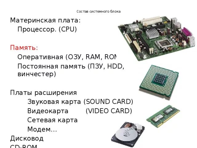 Процессор и системная память. Звуковая карта процессор жесткий диск видеокарта материнская плата. Материнская плата процессор Оперативная память таблица. Видеокарта, карта расширения, звуковая карта, сетевая карта.. Системный блок процессор Оперативная память жёсткий диск.