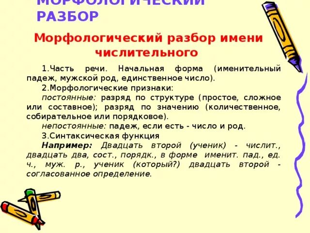 Морфологические признаки порядковых числительных. Письменный морфологический разбор числительного. Морфологический разбор порядковых числительных. Числительные морфологический разбор письменный. Порядок морфологического разбора имени числительного.