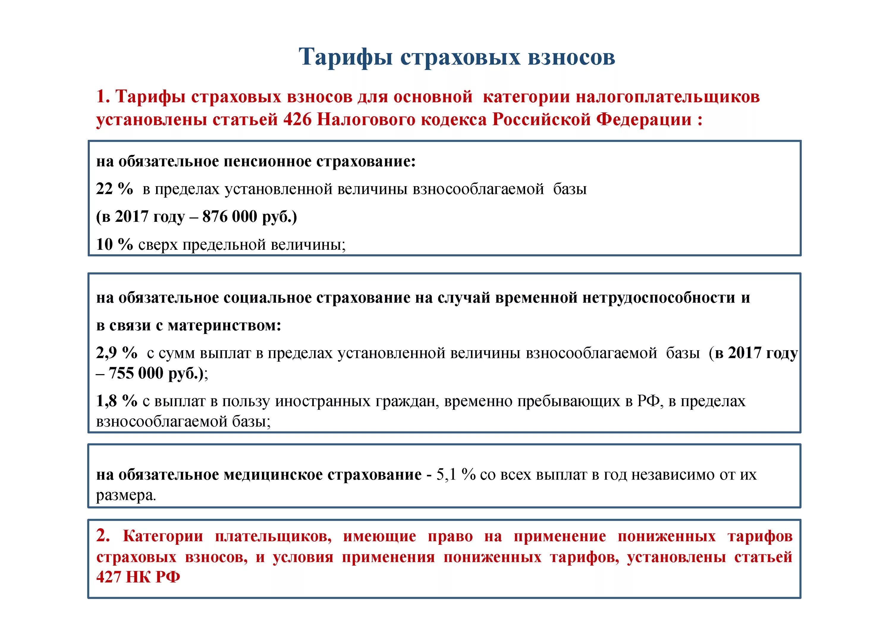 Основной налогоплательщик рф. Страховые взносы по НК РФ. Тарифы страховых взносов 426. Страховые взносы налоговый кодекс. Виды страховых взносов НК РФ.