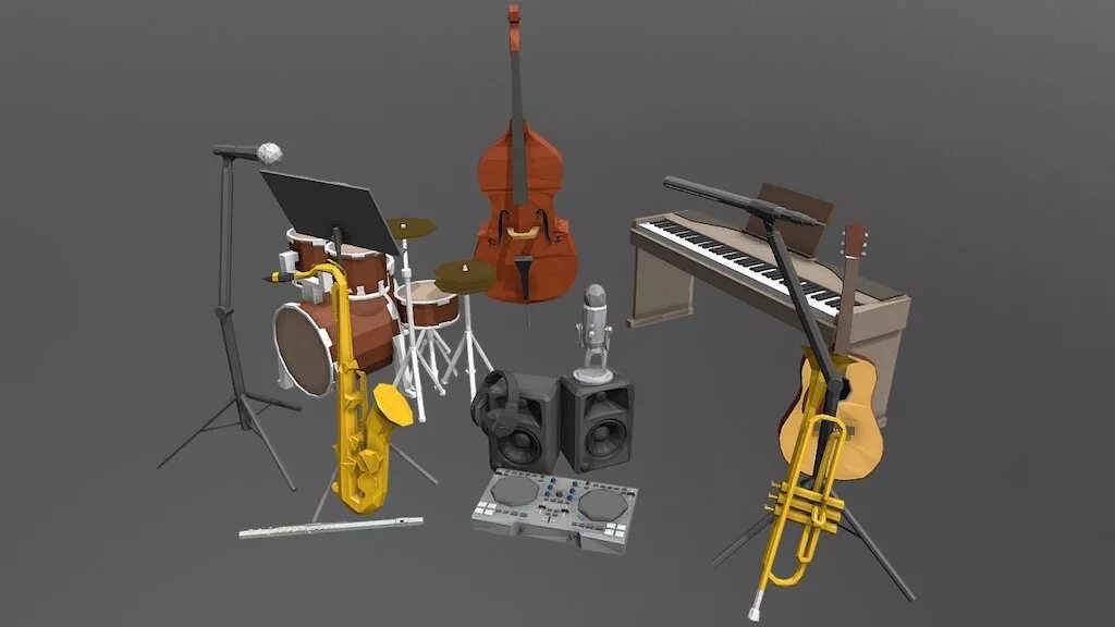 Муз 03. Музыкальные инструменты 3d. Музыкант 3d модель. Музыкальные инструменты на сцене.