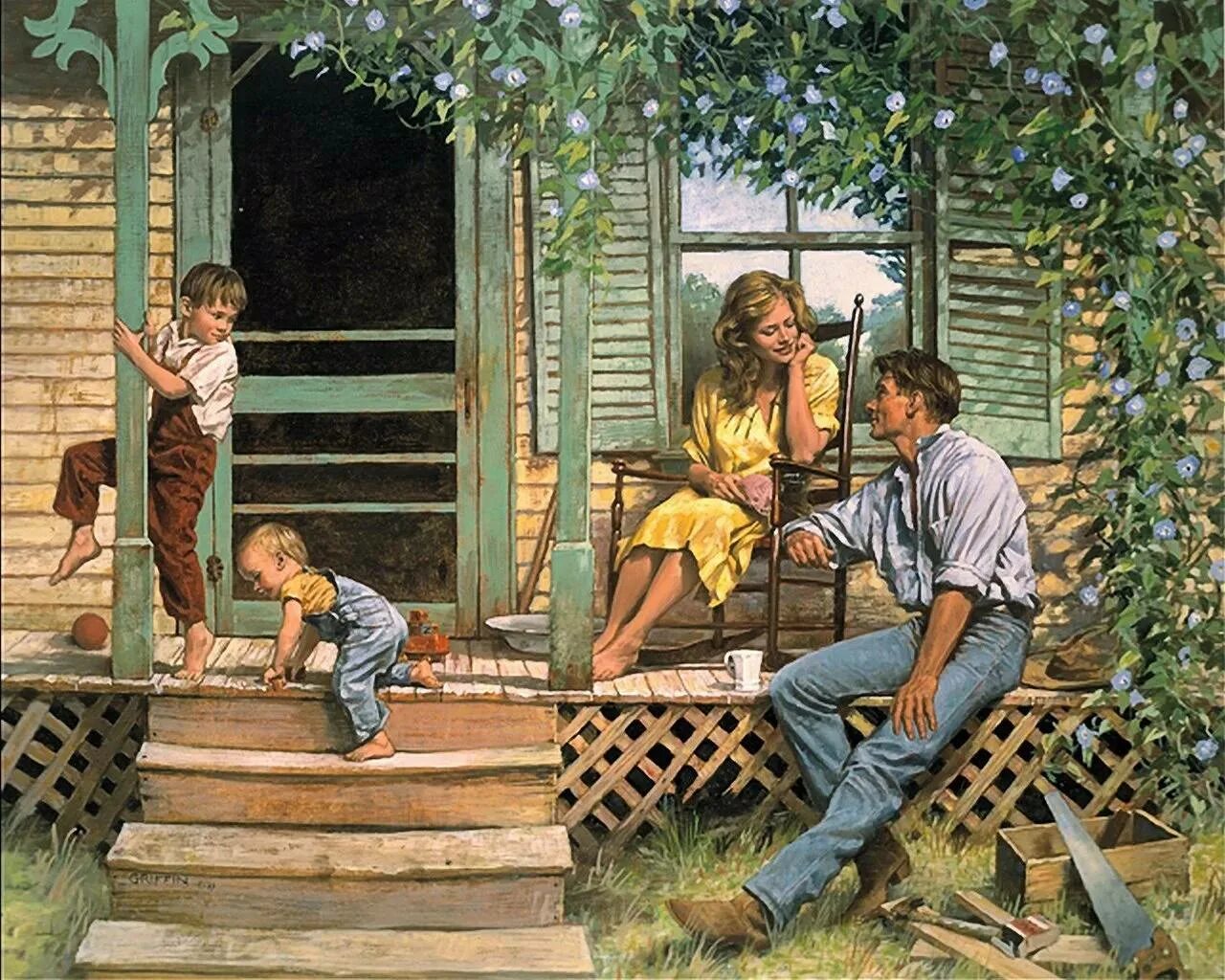 Сюжет каждого дня. Семейное счастье в живописи. Картина счастливая семья. Счастливая семья в деревне. Счастливая деревенская семья.