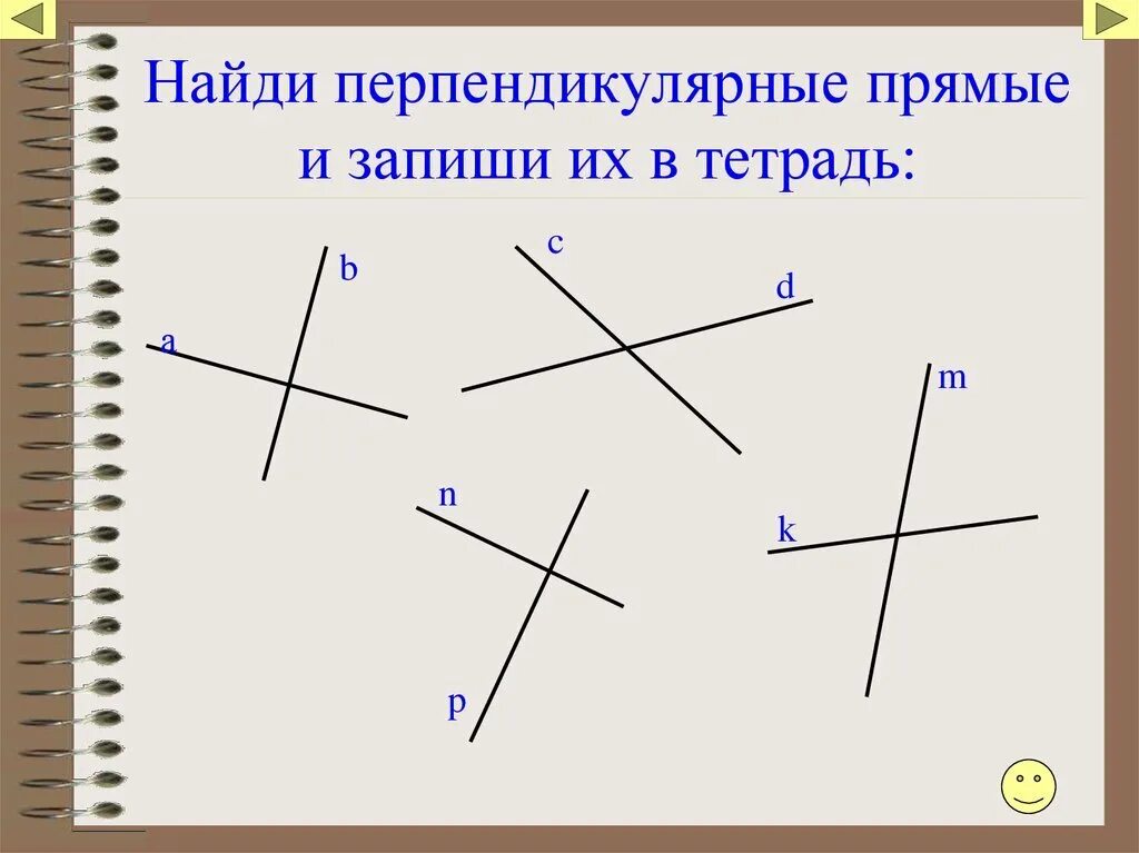 Приведите пример перпендикулярных прямых