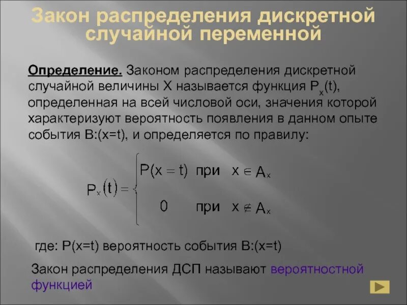 Случайный тип распределения. Распределение вероятностей дискретной случайной величины. закон распределения вероятностей дискретной случайной величины. закон переменной. три закона распределения дискретной случайной величины.