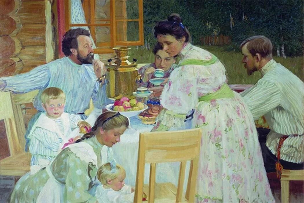 Б. М. Кустодиев. На террасе. 1906. Во многих произведениях