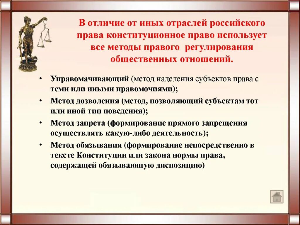 Что отличает правовые. Методы регулирования в Конституционном праве. Конституционное Парво.