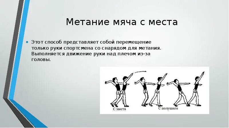 Метание выполняется. Техника метания малого мяча 150г. Техника выполнения метания малого мяча с места 3 класс. Метание мяча на дальность с места техника выполнения. Метание малого мяча с разбега техника выполнения.