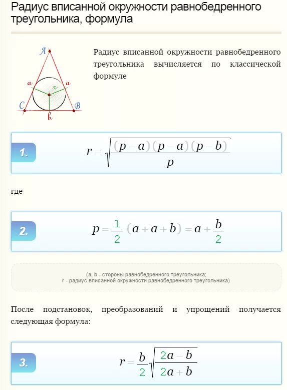 Равнобедренный треугольник вписанный в окружность свойства. RFR yfqnb hflbec dgbcfyyjq JRHE;yjcnb d hfdyj,tlhtyyjv nhteujkmybrt. Формулы нахождения радиуса вписанного в треугольник. Как найти радиус вписанной окружности в равнобедренный треугольник. Формула нахождения радиуса вписанной окружности в треугольник.