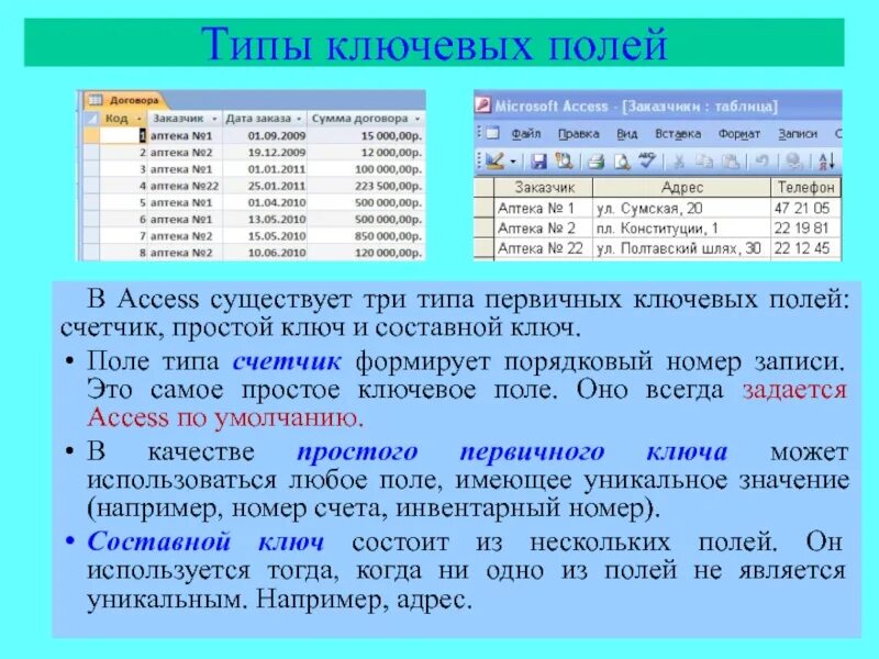 Ключевое поле тип данных. Тип поля в базе данных аксесс. Типы ключевых полей в access. Ключевое поле базы данных это. Тип поля счетчик в базе данных.