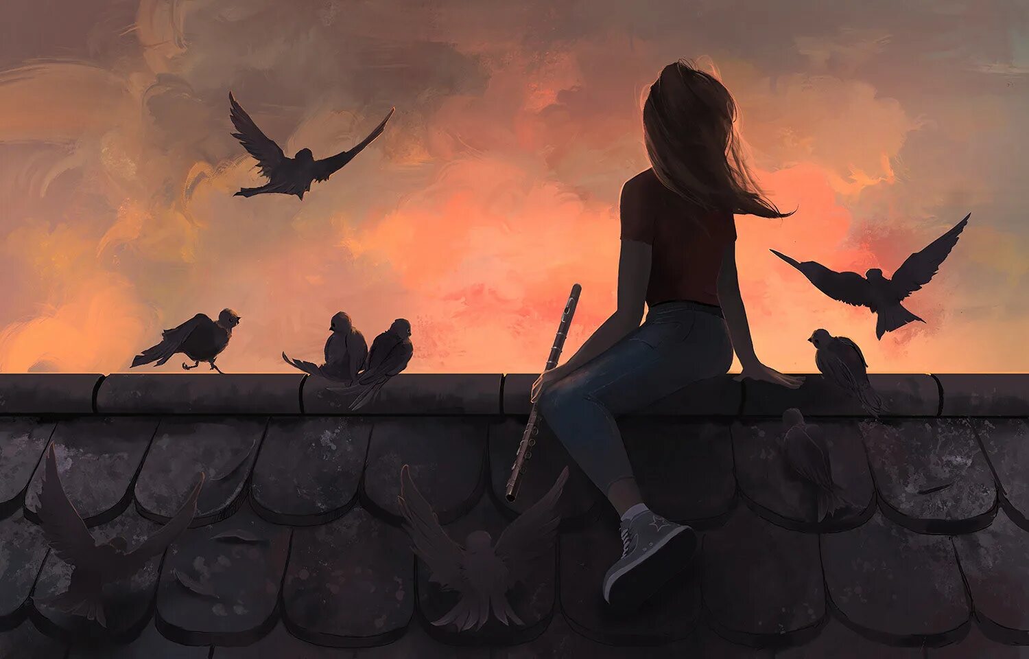 Сидела душила. Девушка сидит на крыше. Девушка на крыше арт. Человек на крыше арт. Девушка птица.