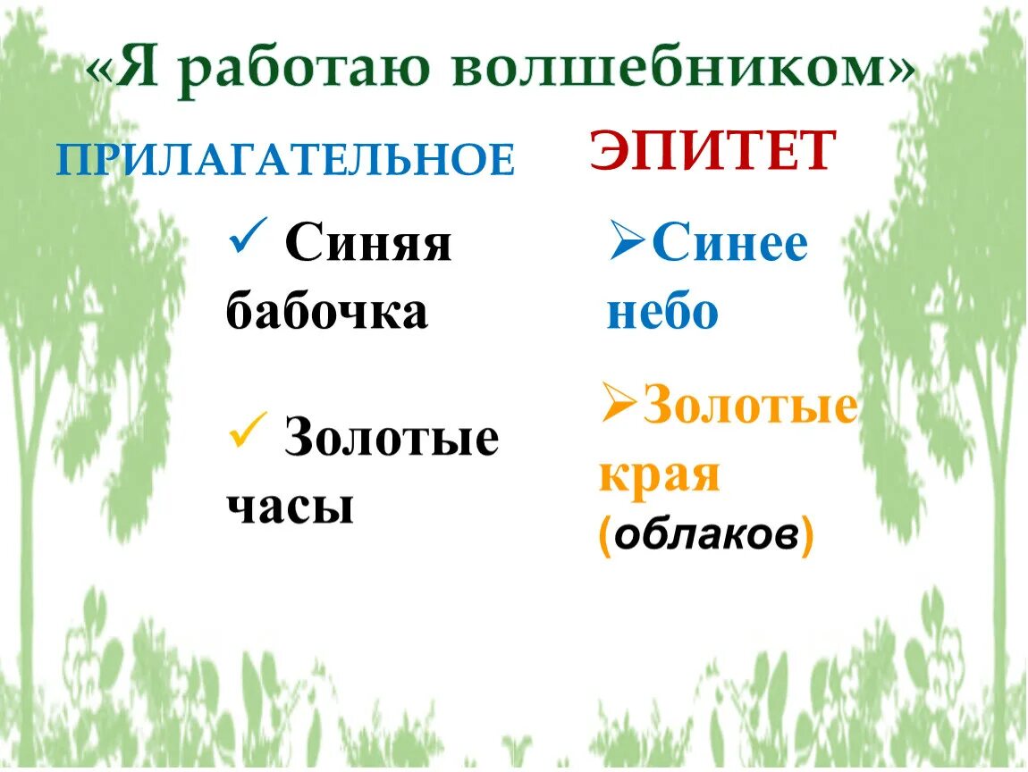 Синее небо какое прилагательное. Прилагательные эпитеты. Примеры прилагательных эпитетов. Никитин стихотворение в синем небе плывут над полями.