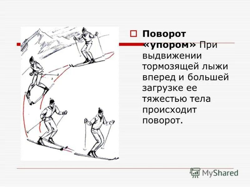 Поворот упором на лыжах. Торможение на лыжах. Способы поворотов на лыжах. Торможение упором поворот упором. Скорость начинающего лыжника