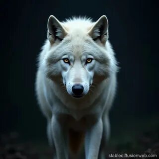 white wolf looking at the camera with red and blue nebula in the background...