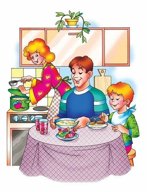 Сюжетная картина на кухне. Иллюстрация ужин ребенка. Обедать рисунок. Ужин с семьей рисунок. Развитие речи на тему мамин праздник