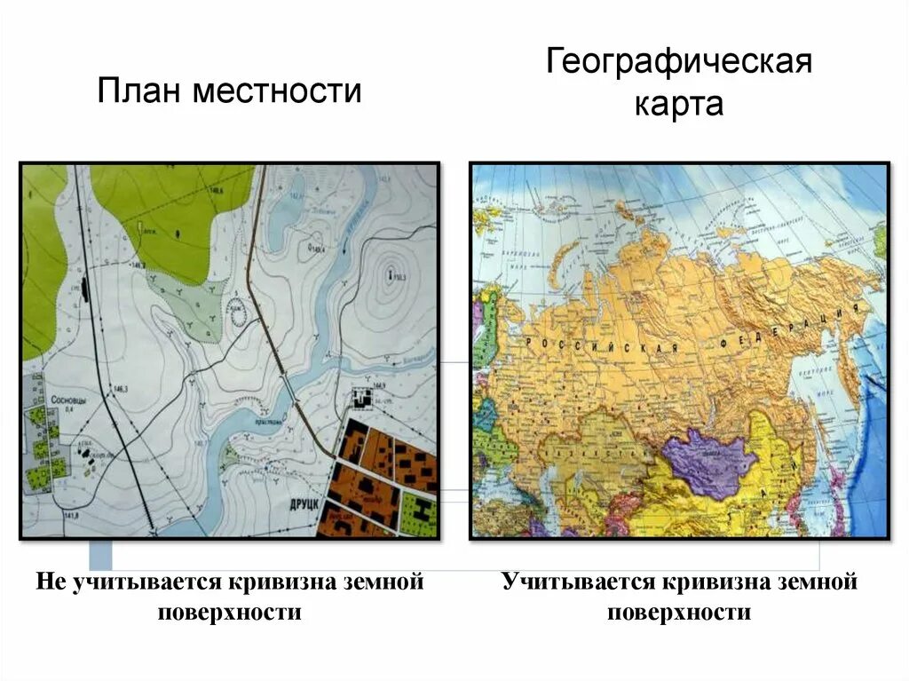 Различие карт и планов. План местности. План местности и географическая карта. Отличия плана местности от географической карты. Кривизна земной поверхности на географической карте.