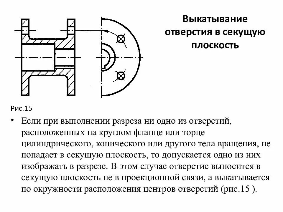 Инженерное отверстие. Выкатывание отверстия Инженерная Графика. Выкатывание отверстия на чертеже. Фланец в разрезе. Разрез фланца с отверстиями.