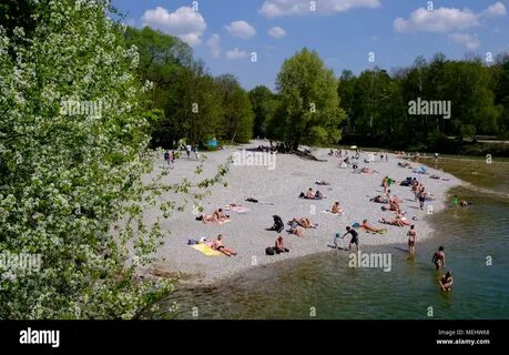 Summers day on the eastern bank of the river Isar, Munich, Upper Bavaria, B...