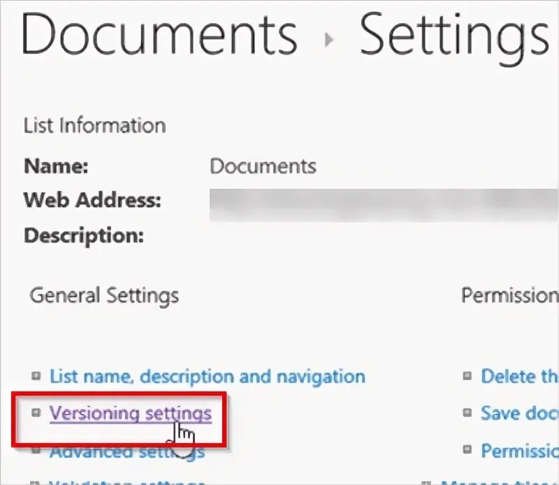 Settings list. Library > Library settings > versioning settings.