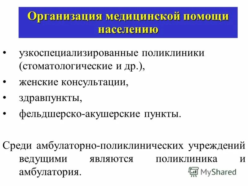 Организация амбулаторно поликлинических учреждений. Структура амбулаторно-поликлинического учреждения. Виды амбулаторно-поликлинической помощи. Организация амбулаторной помощи населению.